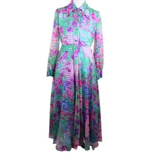 Vintage 1970s Floral Print Midi Long Sleeve Shirt Dress Coco California Medium